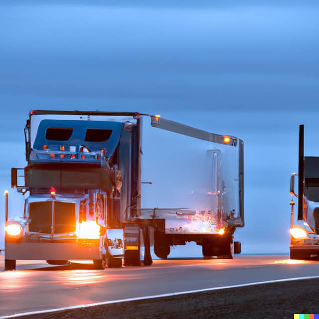 Semi tractor and trailer running down the road at dusk